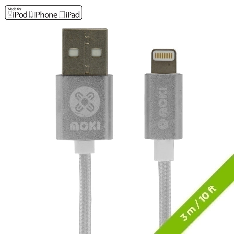 Moki Lightning to USB SynCharge Braided Cable Silver 3m