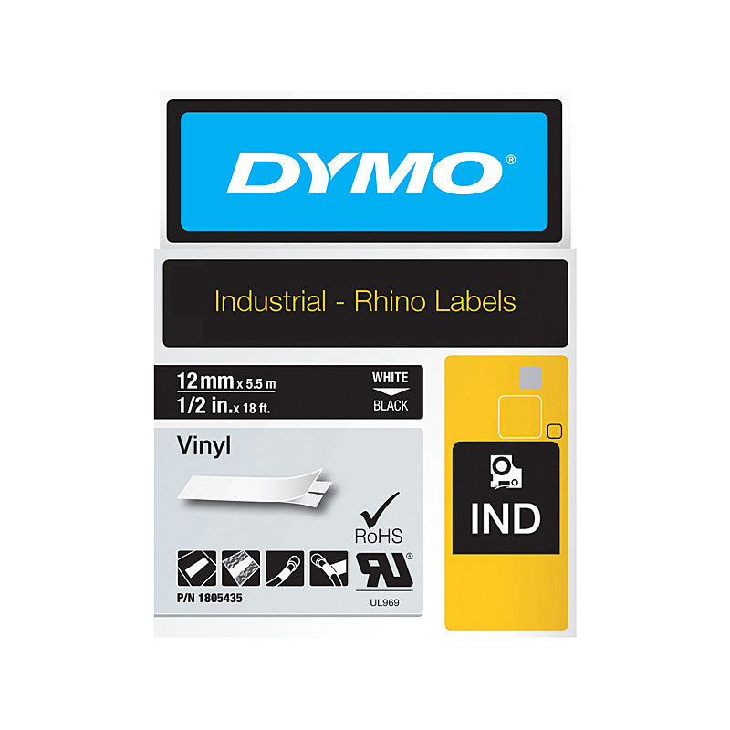 Dymo Rhino Vinyl Tape 12mm White on Black