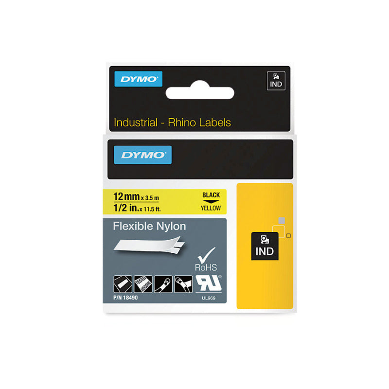 Dymo Rhino Flexible Nylon Tape 12mm Black on Yellow