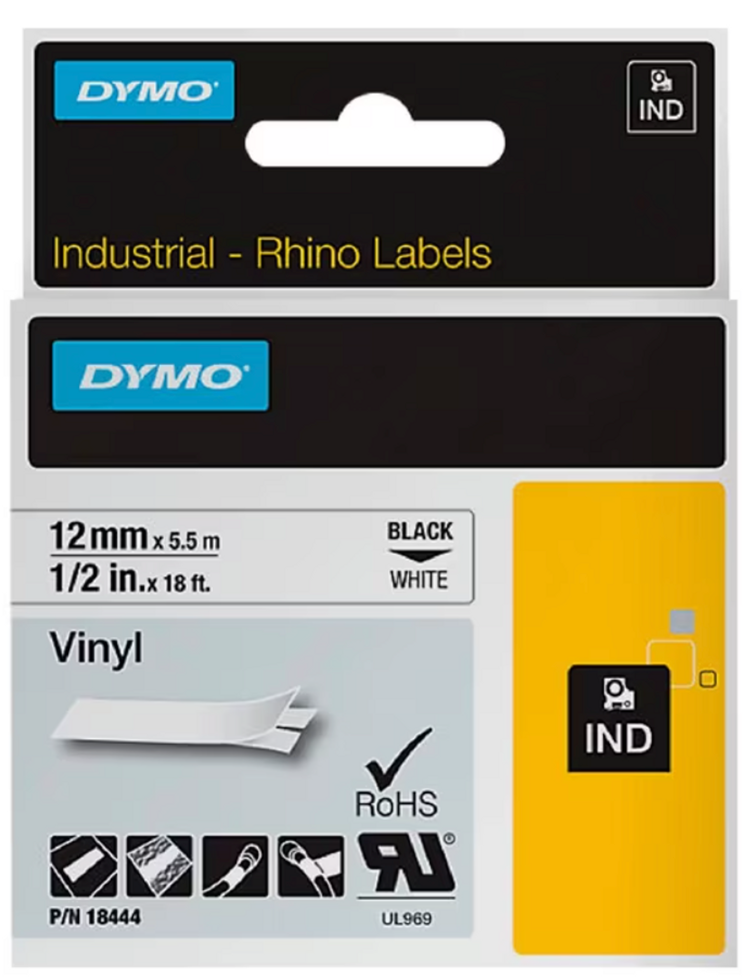 Dymo Rhino Vinyl Tape 12mm Black on White