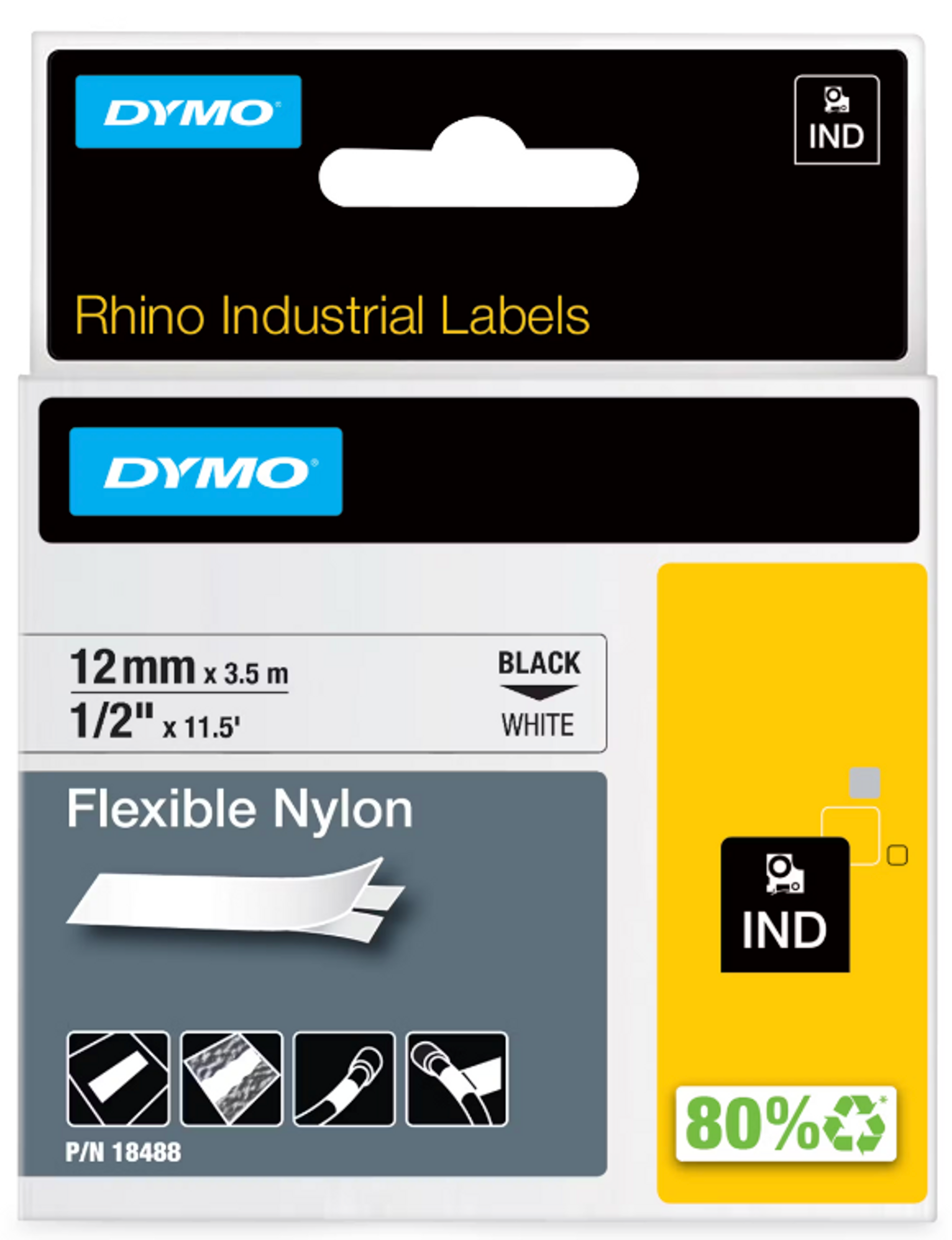 Dymo Rhino Flexible Nylon Tape 12mm Black on White